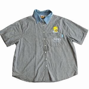 Vintage Warner Bros Looney Toons 2000 Tweety Bird Gingham Button Up Short Sleeve